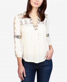 Lucky Brand Embroidered Lace-Up Top cream at Macys